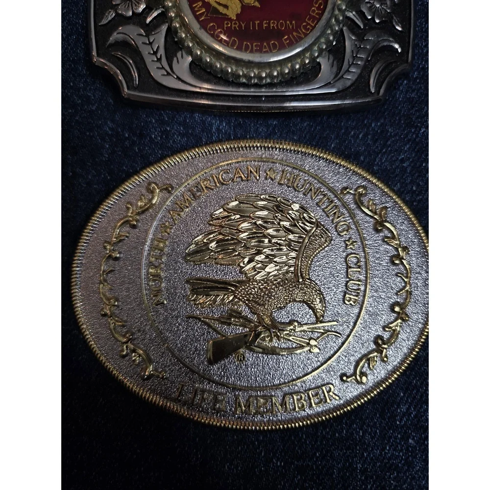 Lot of 2 Hunting Club & Gun Rights Emblem Belt Buckles - Silver Gold